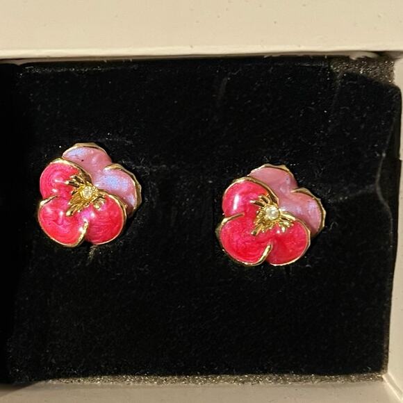 VINTAGE PANSY Pink and Purple Flower Enamel Rhinestone Pierced Earrings - Picture 1 of 6